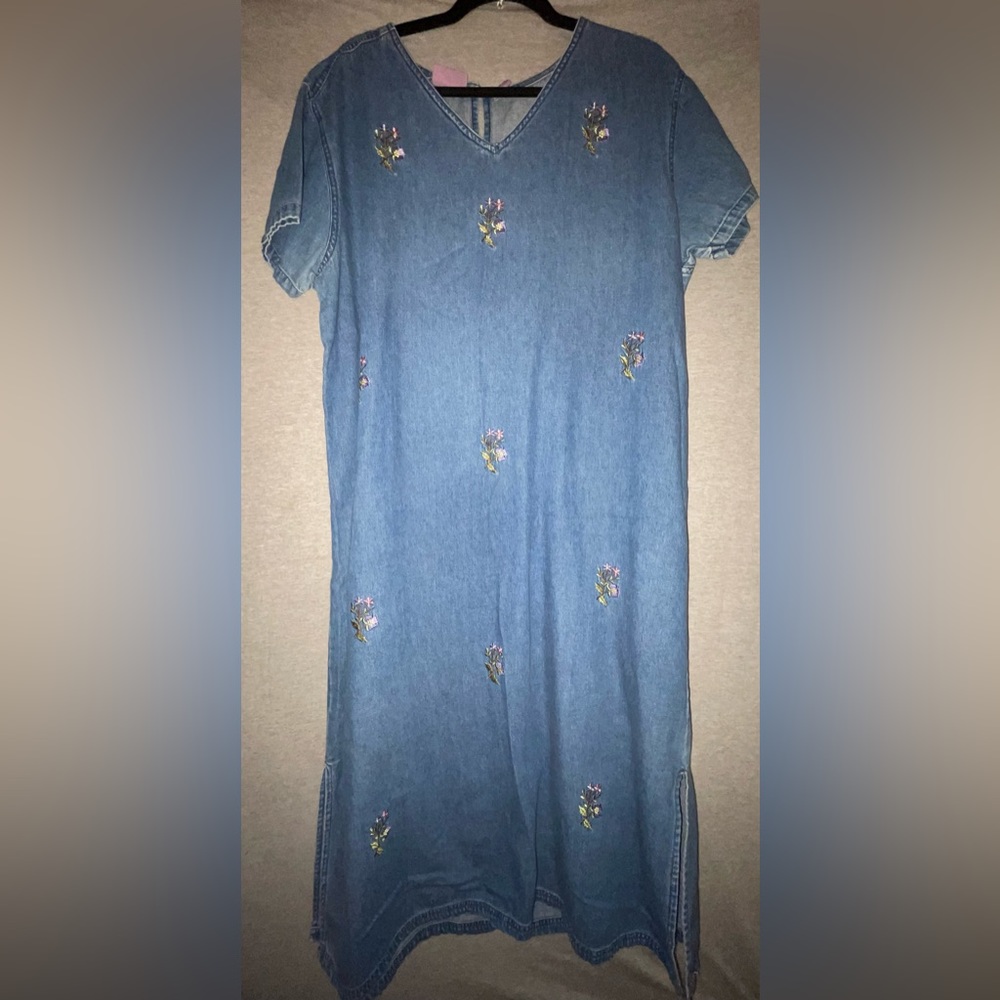 Premier International Denim Dress with Embroidered Flowers
